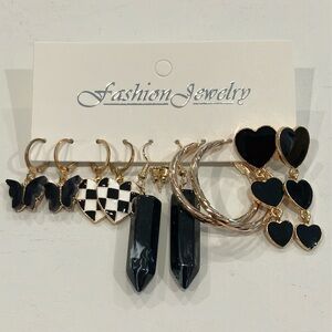Black & Gold Heart, Hoop & Butterfly Earring Set